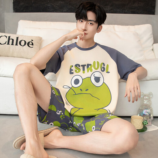 
Qiao Tong men's pajamas summer pure cotton short sleeves 2025 new thin style youth student cartoon large size home clothing set YX 7029 (pure cotton fabric) XL 175CM recommended weight 135-155