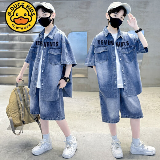 G.Duckkids Little Yellow Duck Boy Sommer Denim Set 2025 Neue Stil mit mittlerer und großer Kinder Sommer Kinder hübsches kurzärmelige Sport-Strickjacke TZK677-Blue-Anzug 120 Empfohlene Höhe 140-150 cm