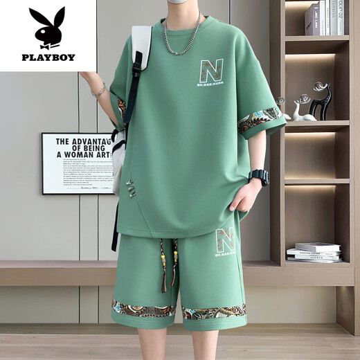 花花公子（PLAYBOY）2025年夏季新款中国风时尚休闲男士套装圆领短袖T恤短裤两件套潮 【短.袖套装】6195 黑色 2XL (建议145-160斤)