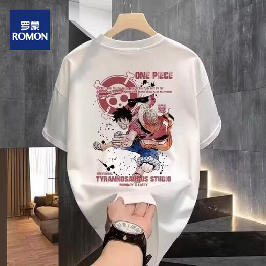 罗蒙（ROMON）t恤男士日系海贼王动漫印花印花短袖男2025夏季中青年圆领T恤上衣 C6197-白色（220克）长绒棉 M