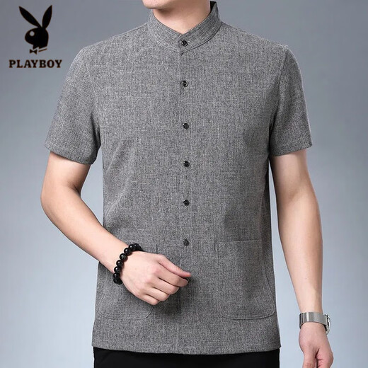 花花公子（PLAYBOY）爸爸夏装宽松薄款衬衣夏季中老年男士短袖衬衫中国风立领半袖衬衫 9201 浅灰 M 165【100-120斤】