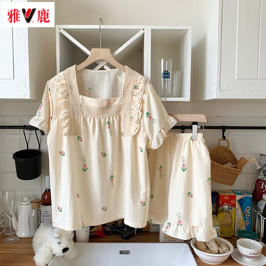 Yalu-Pyjamas für Frauen im Sommer süßer gewebter Baumwolle Kurzarm Shorts Anzug für Frauen im Sommer Dünne Internet-Prominente Hauskleidung Frühlings- und Herbststil JDX-695 m (Empfohlen 80-100jin [Jin gleich 0,5 kg]))