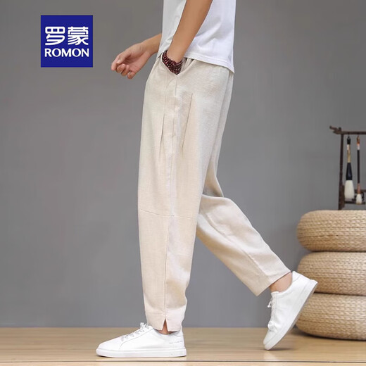 ROMON 2025 Pantalones casuales de lino para hombres sueltos Pantalones de nueve puntos de nueve puntos Pantalones de primavera y otoño Nuevos pantalones largos delgados para hombres K36 M White M Recomendado [90-110Jin [Jin iguala 0.5 kg]]]