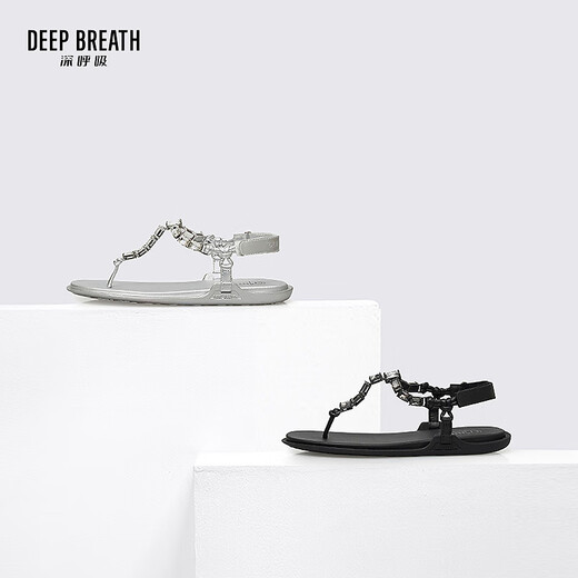 DEEP BREATH深呼吸女鞋夏季水钻夹趾魔术贴平底人字拖凉鞋AX14118 银 37