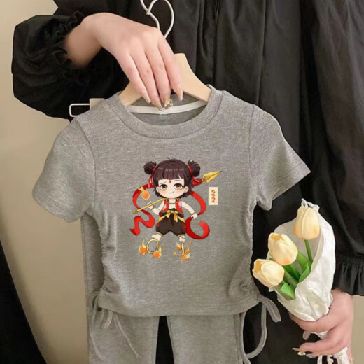 
Disney Nezha Girls Summer Short Sleeve T-shirt Set Fashionable Small and Medium Children's Ice Silk Girl Casual Children's Two-Piece Set Round Collar Drawstring Set-Gray-Nezha G686 110