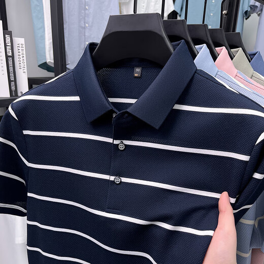 Kangaroo (DaiShu) short-sleeved T-shirt for men 2025 summer trendy striped lapel half-sleeved business casual loose plus size top middle-aged AN15100 light sky blue XL