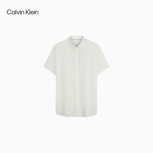 Calvin KleinJeans春夏男士商务休闲通勤ck简约刺绣棉亚麻短袖衬衫J317422 YAF-白色 M （建议130-150斤）