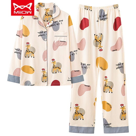 Catman Miiow reiner Baumwollpyjamas für Frauen im Frühjahr und Herbst Neue Stil Langarm Pure Cotton für Outdoor Dünn -Set LF9214 2xl