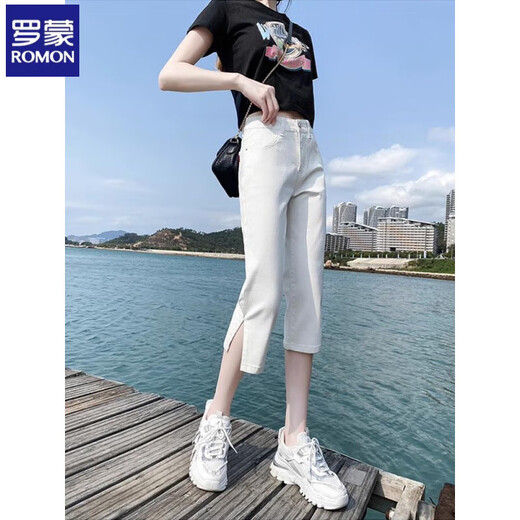 
Romon Cropped Jeans for Women in Summer 2025 New High Waist Slim Small Fat mm Slit Large Size Straight Mid-Level Pants 6199 White XL Recommended 115-130Jin [Jin equals 0.5 kg]