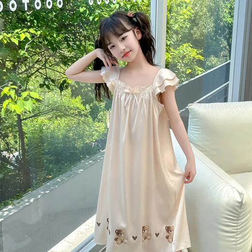 莫代尔女童吊带睡裙冰丝小女孩夏季新款薄款中大童空调服儿童家居连衣裙 869 杏色卷边吊带小熊睡衣 160 cm 建议150-160cm10-12岁