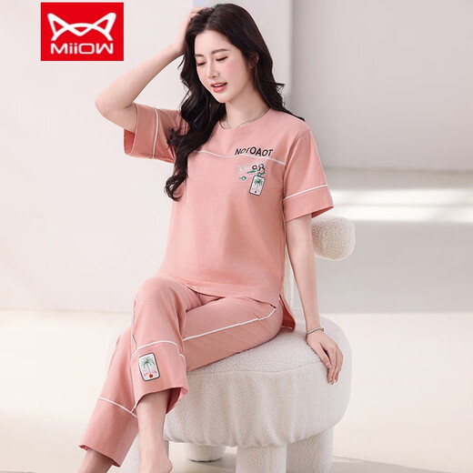
Catman (MiiOW) pajamas for women in summer pure cotton thin short-sleeved trousers New Year's new suit Summer home clothes can be worn outside 7374 bean paste powder M [80-100Jin [Jin equals 0.5 kg]]