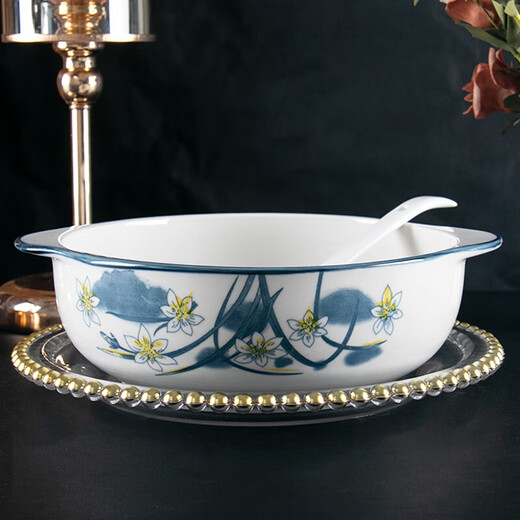 New style ceramic double-eared bowl, large household anti-scalding underglaze color boiled fish dish basin, good-looking soup bowl with white spoon, Camellia 2-piece set, 10.5-inch double-eared bowl, 1 pack + 1 soup spoon