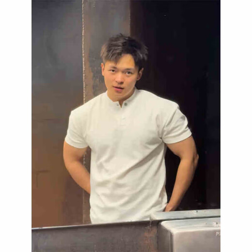 Katuchi light gray Henry collar short-sleeved men's waffle T-shirt bottoming shirt showing muscle fitness American retro polo shirt black 2XL