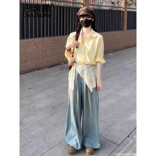 丹珠娜（DanZhuNa）休闲裤女装秋季新款女装套装法式穿搭温柔衬衫牛仔裤子两件套衣服 黄色衬衫+蕾丝+牛仔裤 M