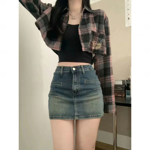 Ziweiqi Jupe courte en jean à taille haute pour les femmes en été nouvelle jupe de hanche rétro mince bleue 6180 L