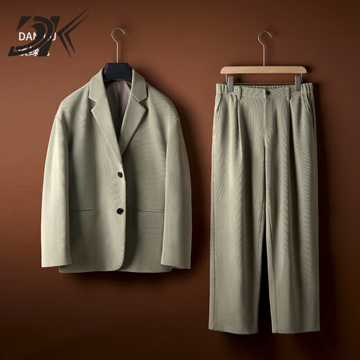 DK high-end men's Korean casual suit men's spring and autumn fashion loose handsome light mature drape suit two-piece set light green suit + pants M 100-130Jin Jin equals 0.5 kg