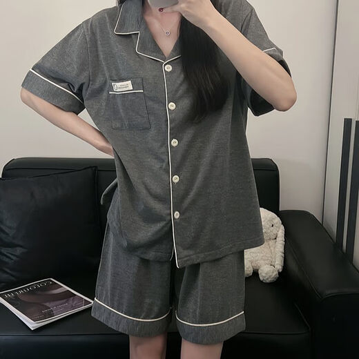 雅鹿韩版简约纯色纯棉睡衣女短袖短裤夏季两件套宿舍家居服套装 9903#黑色 M 80-100斤