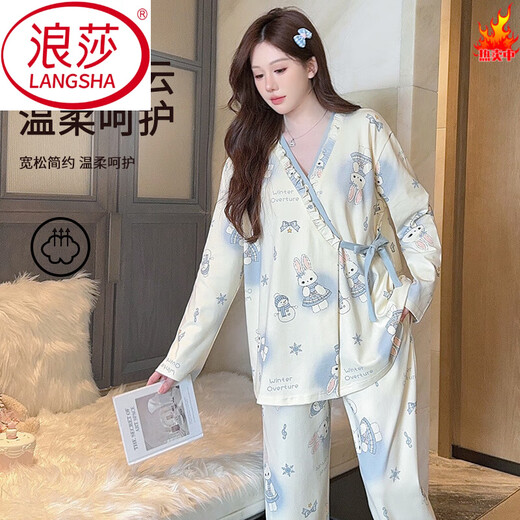 Langsha (Langsha) Einschränkungskleid Frühlings- und Herbst-postpartale Sommerlabors und schwangere Frauen-Pyjamas-Fütterungsanzugsanzug Set 4. März [reiner Baumwoll neue chinesische Stil] 869 Blue Lace 3xL [155-180jin [Jin gleich 0,5 kg]]