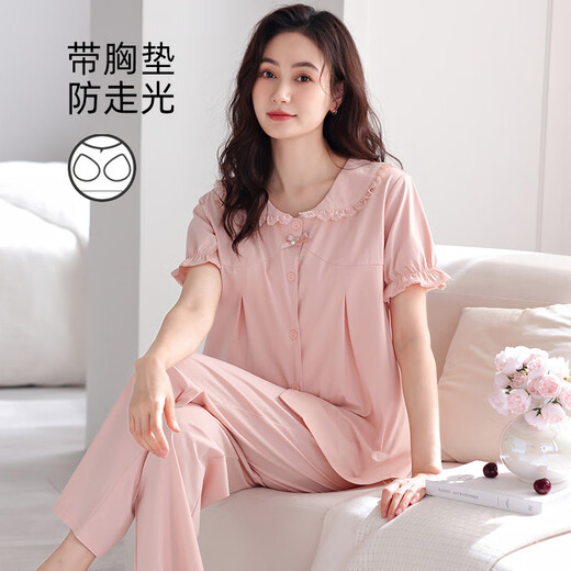 浪莎（langsha）2025新款睡衣女士夏季带胸垫一体纯棉短袖长裤家居服春秋薄款套装 LSF-694米白 M 160建议体重85-105斤