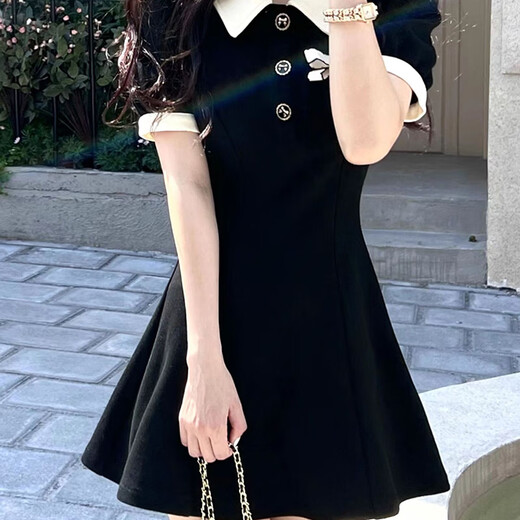 Miao Yijia Vestido negro Falda de mujeres Summer 2025 NUEVA SUMER SUMERA POLO PURO ACADE PURE ACADEMY PEMEMENTO PELEMENTO POTIMO VESTO NEGRO Tamaño solo [recomendado 120 Jin [Jin equivale a 0.5 kg]]]