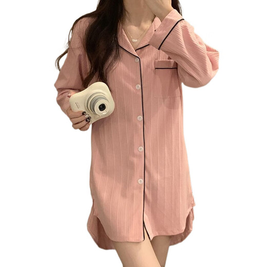 COLORFUL GEMS bean paste color pajamas for women new long-sleeved nightgowns for home clothes spring, summer and autumn boyfriend style 681# bean paste color shirt skirt 170 M (75-95Jin[Jin equals 0.5 kg])
