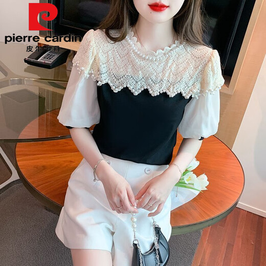 皮尔卡丹（pierre cardin）夏季甜美荷叶重工钉珠蕾丝拼接泡泡气质百搭短袖上衣甜美上衣女 841今年流行的轻奢品牌 L 建议85-100斤