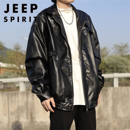JEEP SPIRIT美式复古机车皮衣外套男春秋季新款街头痞帅ins潮高级感皮夹克 W9227黑色 M