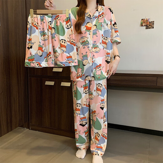 三件套睡衣女可爱蜡笔小新夏季短袖开衫学生宿舍可外穿卡通家居服 套KK14135 XL 【建议115-130斤】
