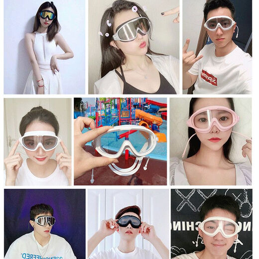 Water Splashing Festival Goggles Swimming Goggles Eye Protection Diving Large Frame Children Adult Men and Women Waterproof Anti-fog Swimming Goggles No Fogging Swimming Cap Set Swimming Set Swimming Cap-+Earplugs Nose Clip+Mirror Case Transparent Large Frame-Phantom Black Collect Baby and Get Nose Clip