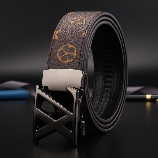 Classic letter belt for men's genuine leather business casual versatile automatic buckle belt new pure cowhide high-end trouser belt xz/black buckle/black old flower 130cm