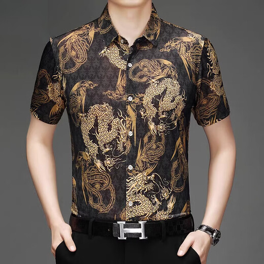 Pierre Cardin Summer de la soie de glace pour hommes d'âge moyen et chemise florale à manches courtes à manches courtes en soie en soie en soie en soie en soie en soie libre 983 violet 2xl 180 [poids 160-180]