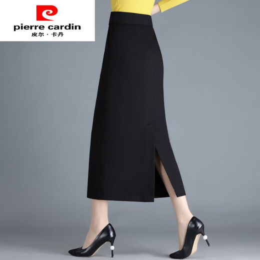 Pierre Cardin (pierre cardin) skirt women's hip skirt autumn and winter new high-waisted slim mid-length straight thickened slit one-step skirt long skirt black winter style plus velvet thickened 3XL 136-145Jin Jin is equal to 0.5 kg
