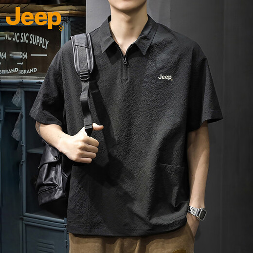 吉普（JEEP）短袖T恤男士凉感polo衫男潮牌宽松半拉链速干上衣服男装 黑色 2XL