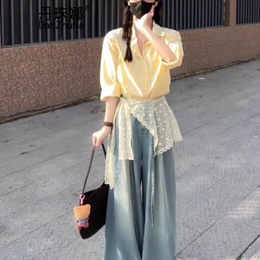 丹珠娜（DanZhuNa）休闲裤女装秋季新款女装套装法式穿搭温柔衬衫牛仔裤子两件套衣服 黄色衬衫+蕾丝+牛仔裤 M