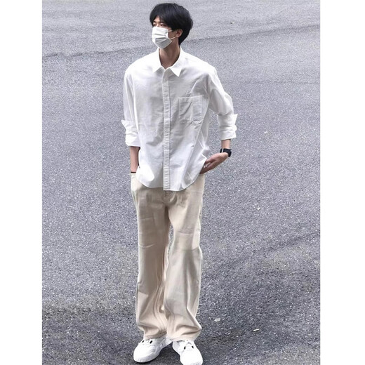 Мужская рубашка с длинными рукавами Digada на весну и осень, однотонная, свободная и универсальная, американская простая красивая повседневная рубашка-рубашка, низ топа ORH-C12, белый 2XL (размер слишком мал, рекомендуется увеличить его на один размер)