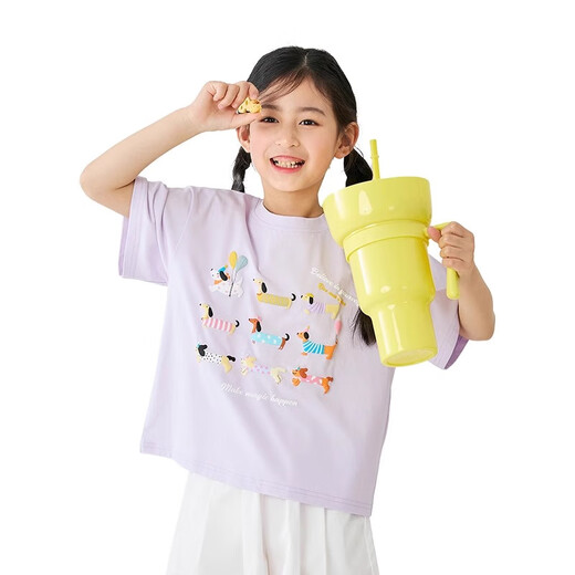 
moonkids girls short-sleeved T-shirt 2025 summer cool solona loose top children girl Korean version half-sleeved summer thin 19018 white short-sleeved + 15280 tender yellow trousers 110 cm