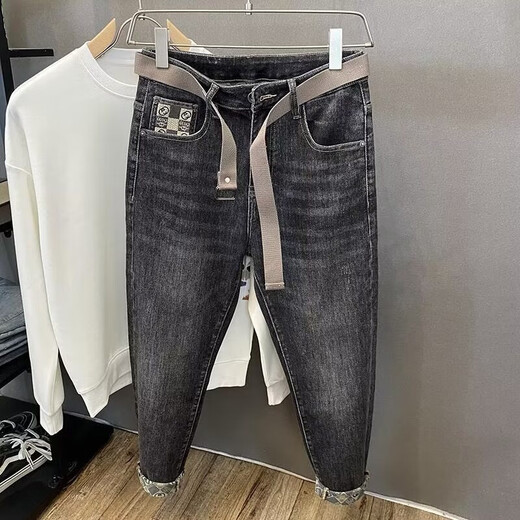 HUALIN FASHION黑色九分牛仔裤男潮牌修身小脚弹力刺绣印花2025 亿牛9926灰色 29