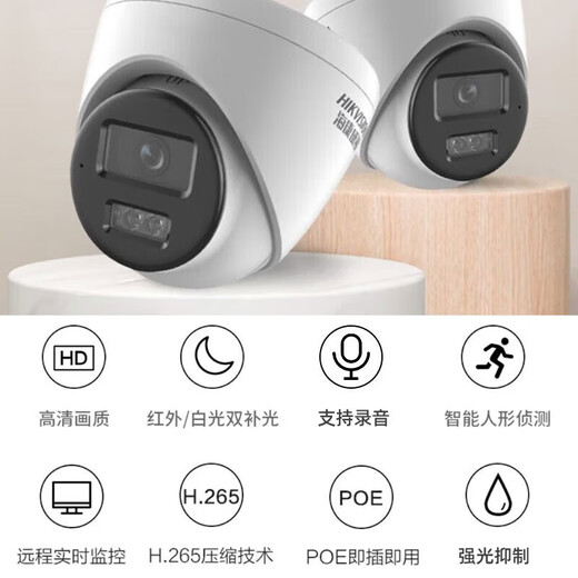 海康威视400万高清白光全彩POE摄像机DS-2CD1345V2-LA内置麦克风人形检测 400万全彩录音(POE) 焦距4mm