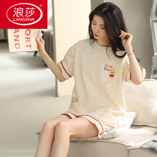 浪莎（LangSha）睡衣女夏季纯棉短袖短裤薄款夏天可爱甜美可外穿家居服套装舒适时 YX-7507 9854 M 【建议80-100斤穿】
