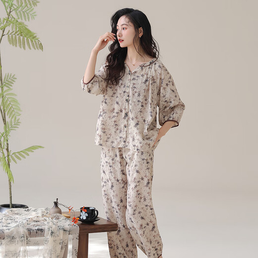 
Kuaishen pajamas for women in summer 70-quarter sleeve loose silk cotton 2025 new style for outside wear for women's mother home clothing set 1342 M [155-160CM/80-100Jin[Jin equals 0.5 kg]]