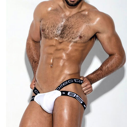 FMSERUIOS men's gay sexy no-take-off thong sexy beltless cotton large bag hollow buttocks exposed gay underwear for men white XL