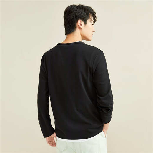 Giordano T-shirt men's new solid color casual henley shirt thickened pure cotton brushed long-sleeved t-shirt men 01022803 09 logo black L