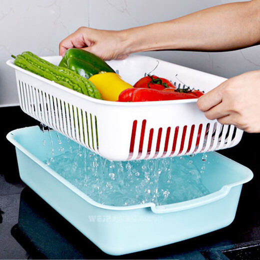 An Junsheng large vegetable washing blue double-layer drain basket fruit basket kitchen household rectangular drain basin plastic bowl and chopsticks drain basket green 34*26*9 cm double layer