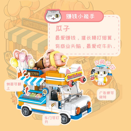 Spielzeug, wenn Geschichte eine Gruppe von Meows Cone Car Food Street Street View Building Block Roomszene Ornamente Trendy Toy Gifts Eine Gruppe von Meows-Melon-Samenkegelwagen 723 Getreide