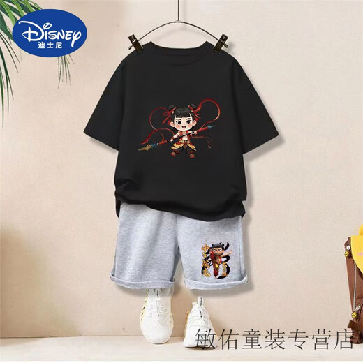 Disney Summer Children's Kurzärärmelte T-Shirt Neuer Stil für den Nationalen Trend der Kinder der Kinder Nudha Devil Child's Noodle Boys zweiteiler Set 1098# Rucksack T-Gray + 2005# Gray Shorts 90
