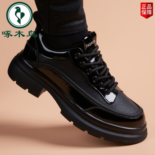 Woodpecker Leather Shoes Men's 2025 New Genuine Leather Young Men's Sports Men's Casual British Style Business Black Soft Leather Trendy Shoes Black Ordinary Style 38