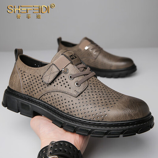 Shefeidi Light Luxury High-End Brand Herrenschuhe 2025 New Hollow atmable Hole Schuhe lässige Lederschuhe Britische Arbeitsschuhe Herren High-End-Khaki (Lochgesicht) 40