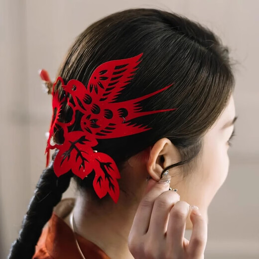 砚玺结婚礼物剪纸新娘订婚头饰新中式红色喜鹊复古旗袍造型结婚发饰 比翼双飞头饰一对装