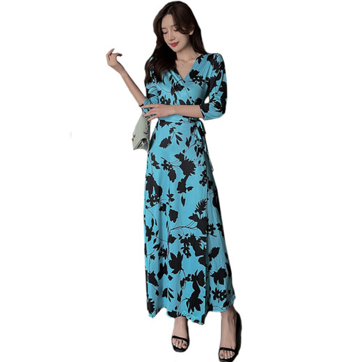 Sifer vacation style long skirt seaside vacation one-piece dress blue print retro wrap skirt slit lace 3291 purple S