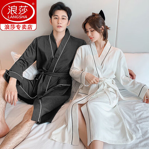 Langsha spring and summer couple nightgown women pure cotton water-absorbing hotel style bathrobe medium long sleeve thin men's large size summer home clothes [men] nightgown long sleeves/723 3XL
